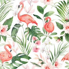 Garden poster Flamingo Watercolor flower pattern illustration with flamingo. White background. Trendy floral design. Seamless texture. Leaves and floral illustration. Beautiful tropical exotic foliage