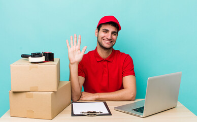 hispanic handsome man smiling happily, waving hand, welcoming and greeting you. packer employee...