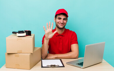hispanic handsome man smiling and looking friendly, showing number five. packer employee concept