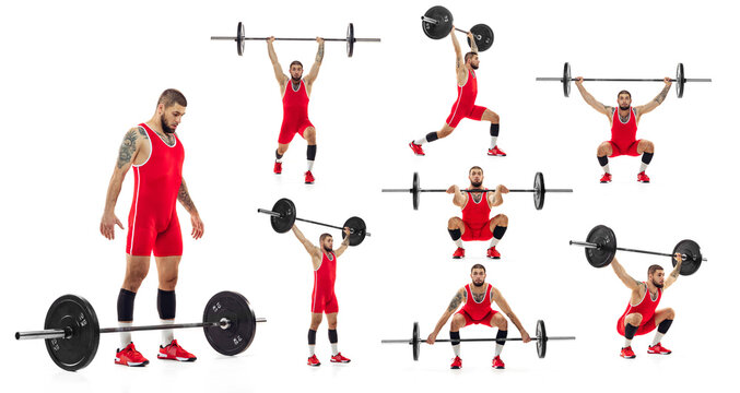 Set of portraits of sportive man, weightlifter training, lifting heavy barbell isolated over white studio background