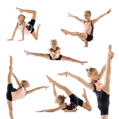 Obraz premium Set of portraits of beautiful little girl, rhythmic gymnast training, practising isolated over white studio background