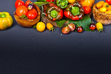 Assorted tomatoes and vegetables on dark background. Photo for your design. - 498512408