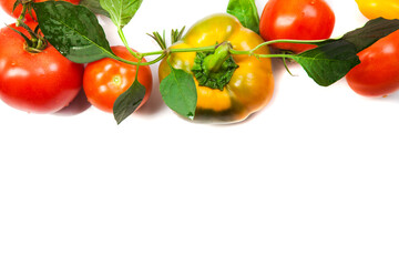 Assorted tomatoes and vegetables isolated on white background. Photo for your design. - 498512417
