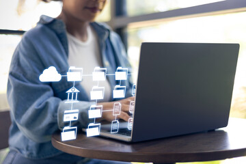 Woman using Computer to manage big data,Document Management Systems (DMS), online document databases and automated processes to manage files. and documents in the organization effectively