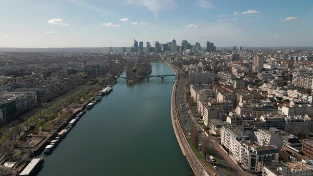 Aerial video of the Parisian suburbs, view of La Defense