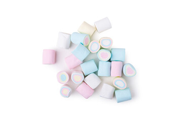 Multicolored marshmallows isolated over white, top view. Clipping path at 300%