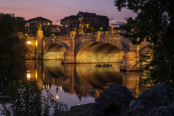 Beautiful night view of the bridge over the river Po in the city of Turin, Italy
