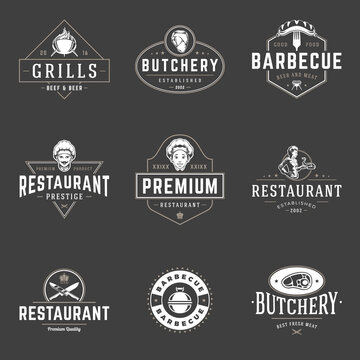 Restaurant logos templates vector objects set. Logotypes or badges design. Trendy retro style illustration, chef man, barbecue, meat steak silhouettes.