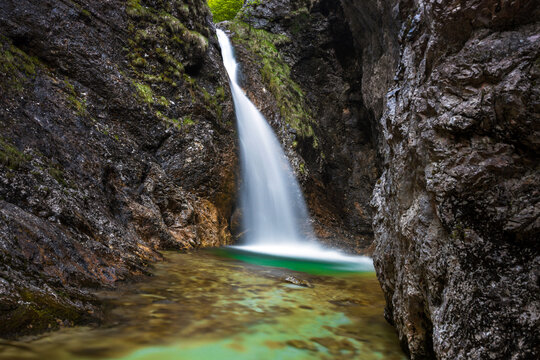 Alpine Idyllic Waterfall in Slovenian Alps