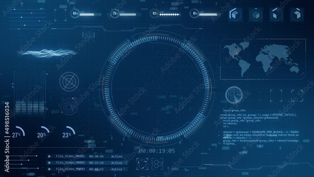 Poster motion graphic of head up display ( hud ui ) technology interface screen with futuristic elements gr