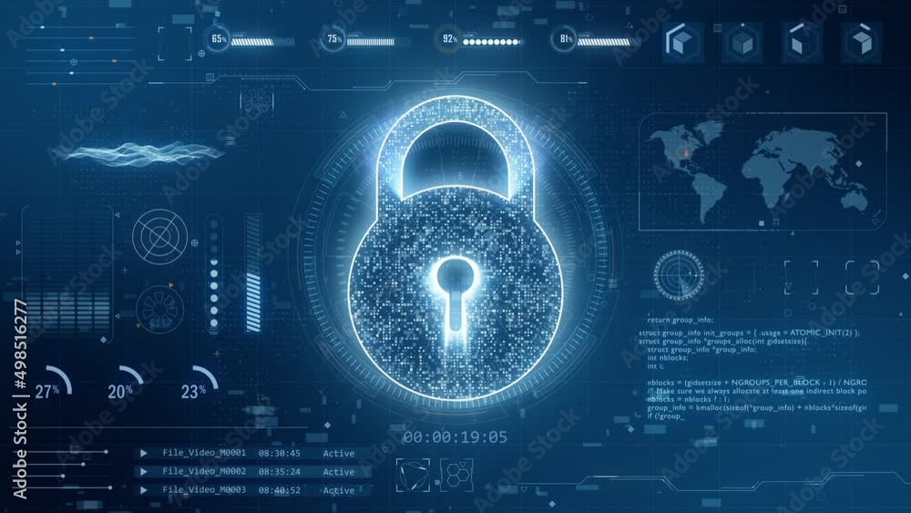 Poster motion graphic of blue security key with head up display ( hud ) background and futuristic technolog