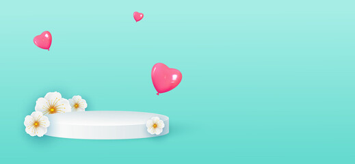 Minimal scene white cylindrical podium and spring flowers. Flying heart shaped balloons. Cosmetic product display stage, showcase. Vector