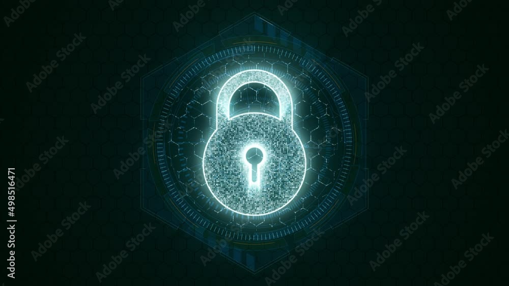 Poster motion graphic of blue security key with hexagon shape and circle rotation on futuristic technology 