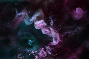 Multicolored dark smoke on black ink background, colorful fog, abstract swirling touch ocean sea, acrylic pigment paint underwater
