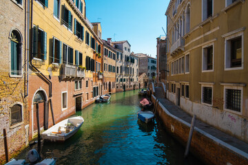 VENICE, ITALY - August 27, 2021: View of empty water streets without tourists on the canals of Venice.