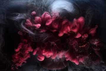 Black and red ink background, colorful fog, abstract swirling ocean, acrylic paint pigment underwater, white smoke - obrazy, fototapety, plakaty