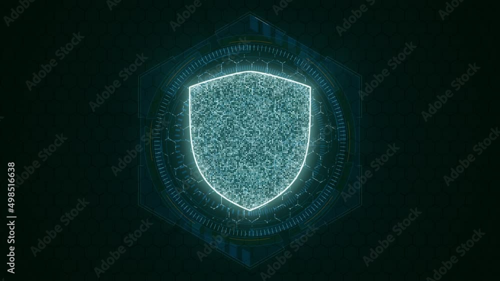 Poster motion graphic of blue security shield with hexagon shape and circle rotation on futuristic technolo