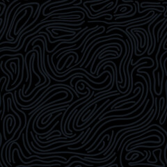 Dark seamless background with abstract fingerprint texture. Geometric wavy linear surface design.