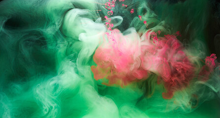 Green pink smoke on black ink background, colorful fog, abstract swirling touch ocean sea, acrylic...