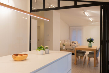Minimalist white kitchen with central island and dining room and living room