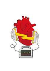 Human heart. First Aid resuscitation (CPR) using defibrillator. Life support. Emergency situation