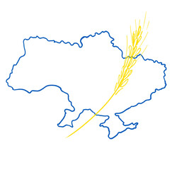 ukrainian map contour blue national official flag colors of Ukraine with Crimea included, wheat yellow symbol as harvest and cereal export concept