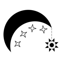 Crescent moon with sun amulet and stars. Magic symbol for witchcraft, astrology, palmistry. Vector illustration.