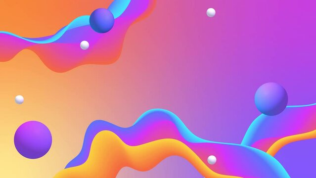 Abstract 3d geometric shapes loop animation. Modern background, seamless motion design, Memphis style. rainbow waves 4k poster banner. isometric shapes, objects, spheres. Purple, pink, yellow color