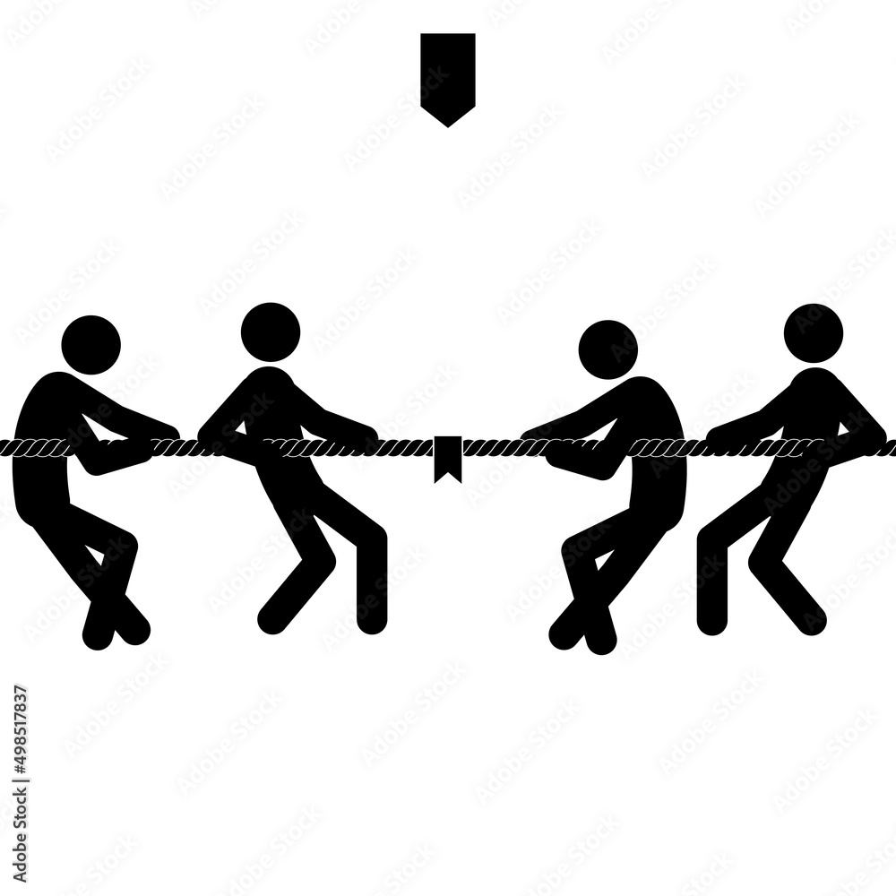 Wall mural set of stick figures tug of war, flat vector illustration.