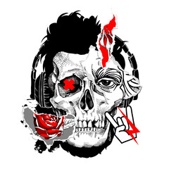 Collage in a Zine Culture style. Human skull with a eye, red rose flower and rock symbol stickers. Poster, t-shirt composition, hand drawn style print. Vector illustration.