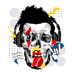 Bright colored collage in a Zine Culture style. Human skull with a eye, lips and rock symbol stickers. Humor card, t-shirt composition, hand drawn style print. Vector illustration. - 498517817