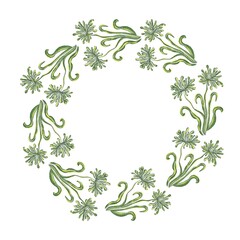 Round floral frame in green. Frame with flowers for invitations, greetings, greeting cards.
