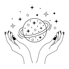Female hands and mystical esoteric magic planet with stars. Cosmos in the hands. Celestial symbol. Vector illustration.