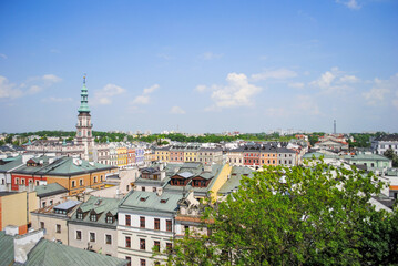 Fototapeta na wymiar Zamosc, Poland - May 2010: View of the city center on a sunny day, City Hall