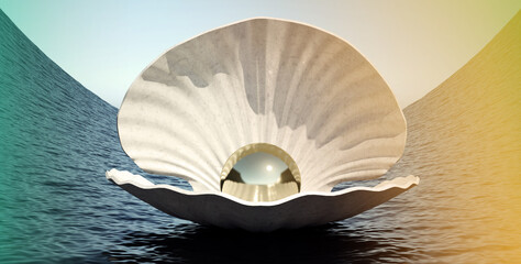 shell with a golden pearl on the surface of the water