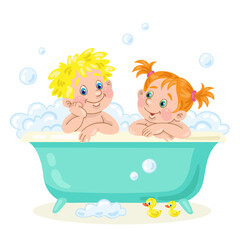Funny little children are sitting in a bubble bath. In cartoon style. Isolated on white background. Vector illustration