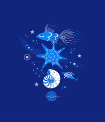 Cosmic fish and seashell. Magic underwater life. Space marine composition. Ocean creatures decorated with stars, constellations. Blue, white colors. Illustration for t-shirt, cover, poster, sticker