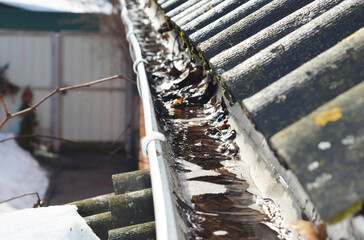 Spring roof gutter cleaning. A clogged rain gutter of an asbestos roof with non flowing water from...
