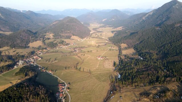 Aerial drone of Jachenau valley in Bavaria, Germany in spring, in HD 4k