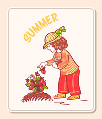 A little girl collects strawberries in the summer.