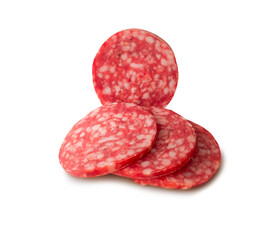 Sliced ​​pieces of salami isolated on white background