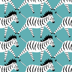 Fototapeta na wymiar Funny zebra hand drawn vector illustration. Adorable baby character in flat style. African animal seamless pattern.