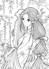 Young beautiful girl with long hair in garden. Flowers. Outline hand drawing coloring page for adult coloring book. Stock line vector illustration.Outline drawing