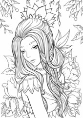 Young beautiful girl with long hair in garden. Flowers. Outline hand drawing coloring page for adult coloring book. Stock line vector illustration.Outline drawing
