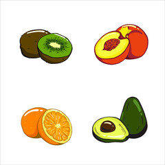 Vector illustration of fruits collection: kiwi, avocado, peach, orange. Isolated icon on white background.
