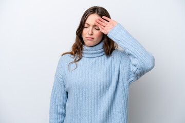 Young caucasian woman isolated on white background with tired and sick expression