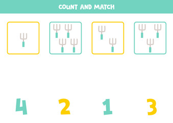 Counting game for kids. Count all hand forks and match with numbers. Worksheet for children.