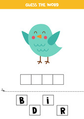 Spelling game for kids. Cute cartoon bird.