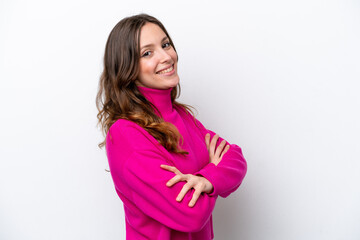 Young caucasian woman isolated on white background with arms crossed and looking forward