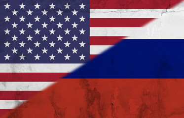 Composite image of flag of america and russia painted on wall, copy space